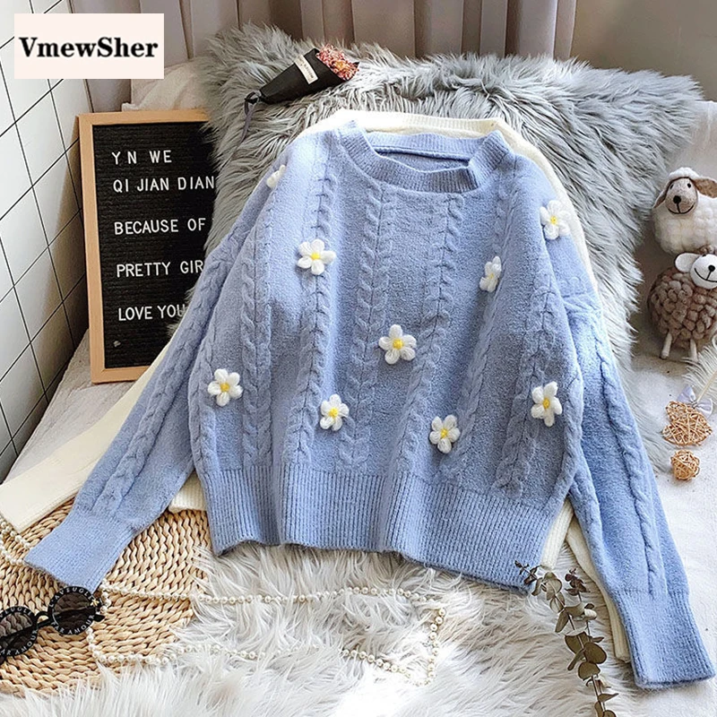 

VmewSher New Flower Women Sweater Winter Kawaii Loose Knitwear Casual Chic Pullover Applique Floral O-neck Jumper Pink Knit Top