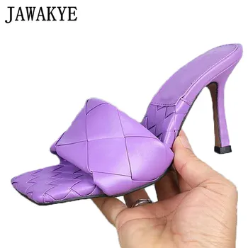 

New Cross weave high heels Mules Slippers woman Square toe Purple red nude Leather Mules Ladies Shoes Summer Party Women Shoes
