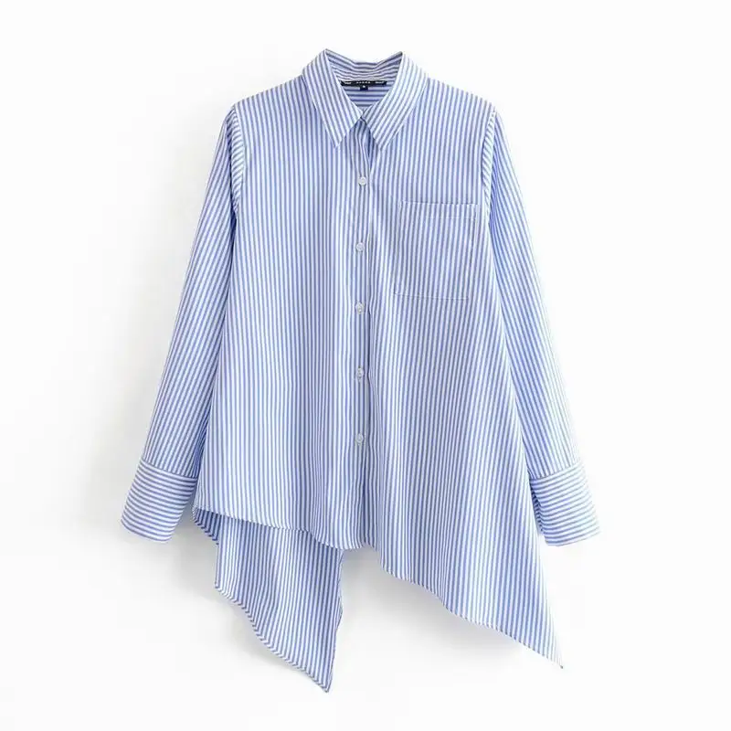 

Women Striped Shirt Spring 2020 New Clothing Asymmetric Casual Top Long Sleeve Blouse Female Loose Shirts