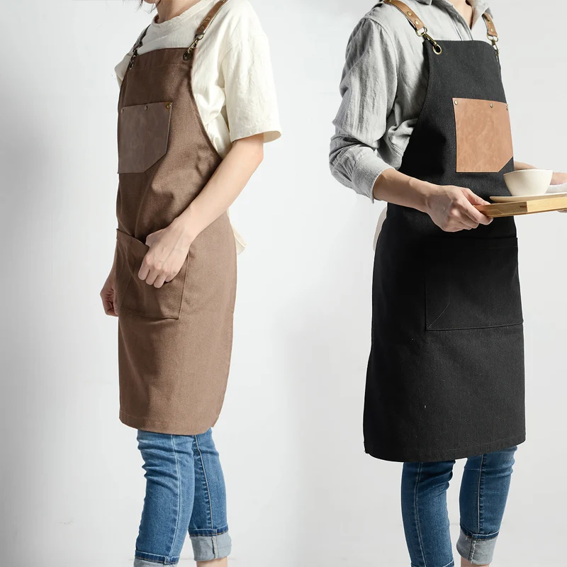 Fashion Adjustable PU Canvas Apron Coffee Shop Barber Aprons Bib Cooking Kitchen Aprons For Woman Man Work Apron With Pockets