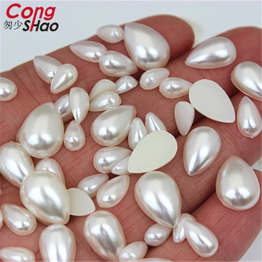 Cong Shao 100pcs 6*10/ 8*13/ 10*14mm Ivory Color Drop Pearl Flatback Rhinestone Beads Water Imitation Scrapbooking ZZ212