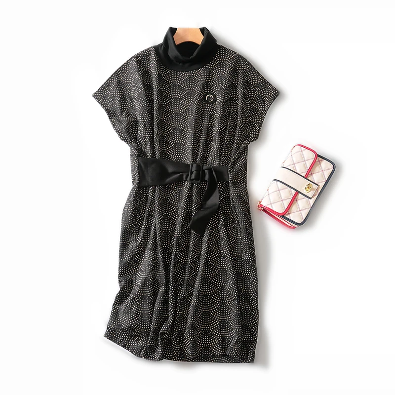 Elegant And Generous Fashion Raglan High Neck Belt Waist Long Sleeveless Dress Womens Dresses New Arrival 2019 Plus Size L-3xl | Женская