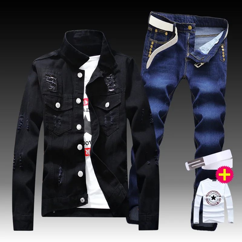New Men's Denim Jacket Pants 2pcs Set Single Breasted Holes Casual Coat Trousers Slim Fit Cool Boys Jackets A55 New Men's Denim Jacket Pants 2pcs Set Single Breasted Holes Casual Coat Trousers Slim Fit Cool Boys Jackets A55