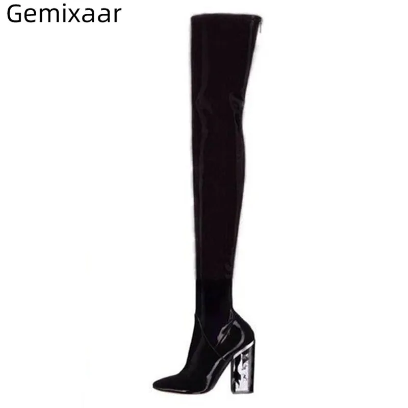 

Autumn Hot Slim Long Boots Woman Point Toe Candy Colors Clear PVC Square High Heel Woman Bottes 2019 Autumn Chic Woman Boots 42