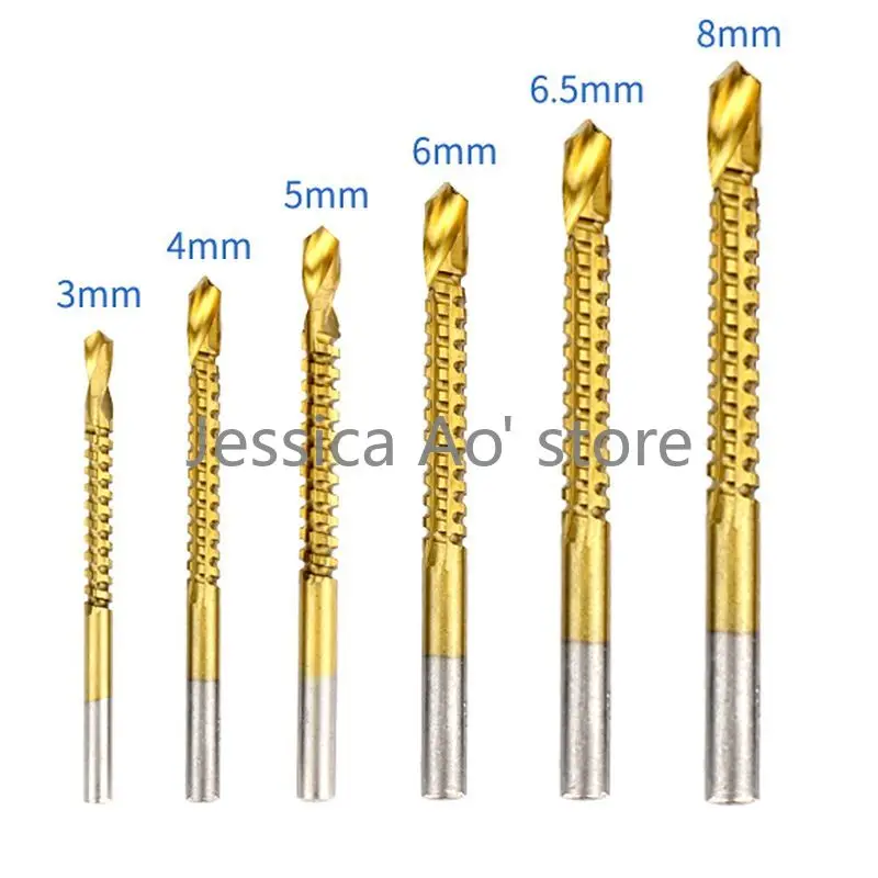 3-8mm 6pcs Drill Set Serrated Drill Bit Round Shank Multi-function Woodworking Saw Drill Slotting Grooving Drilling Bits