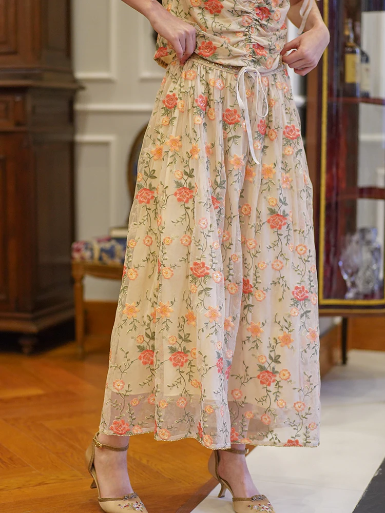 

LYNETTE'S CHINOISERIE Spring Summer Original Design Women French Vintage Handmade Beading Flower Embroidery Mori Girls Skirts