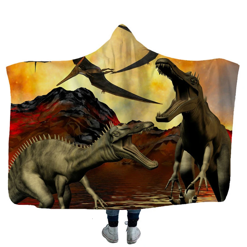Модное одеяло с капюшоном в виде животных, детское зимнее теплое плюшевое одеяло с капюшоном и принтом динозавра из мультфильма для взрослых, 130*150 см/150*200 см