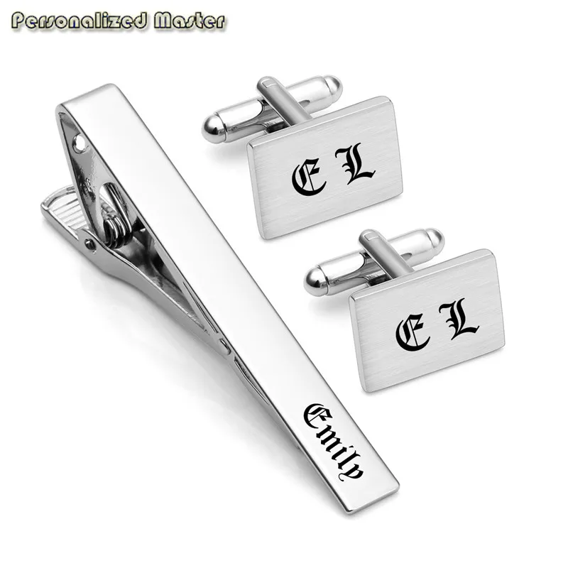 Personalized Master Custom Engrave Inital Name 3pcs Stainless Steel Cufflinks and Tie Clip Bar Set for Men Fathers Day gift