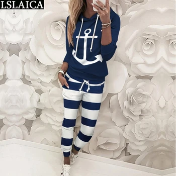 

New women two piece outfits long sleeve hooded anchor print tops&striped long pants 2 piece outfits for women casual women sets