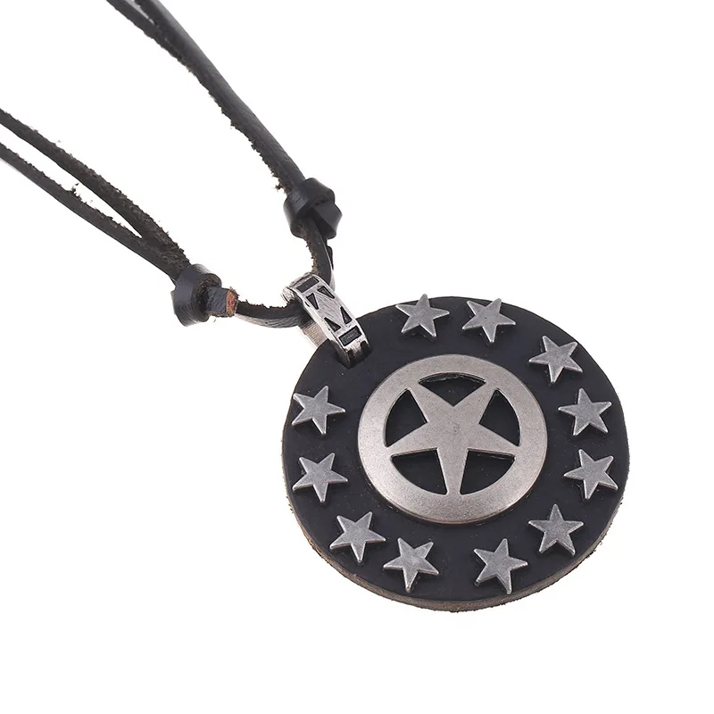 

Retro Literature And Art Cowhide Rope Europe And America Punk Alloy Five-pointed Star Cowhide Necklace Long Necklace Versitile F
