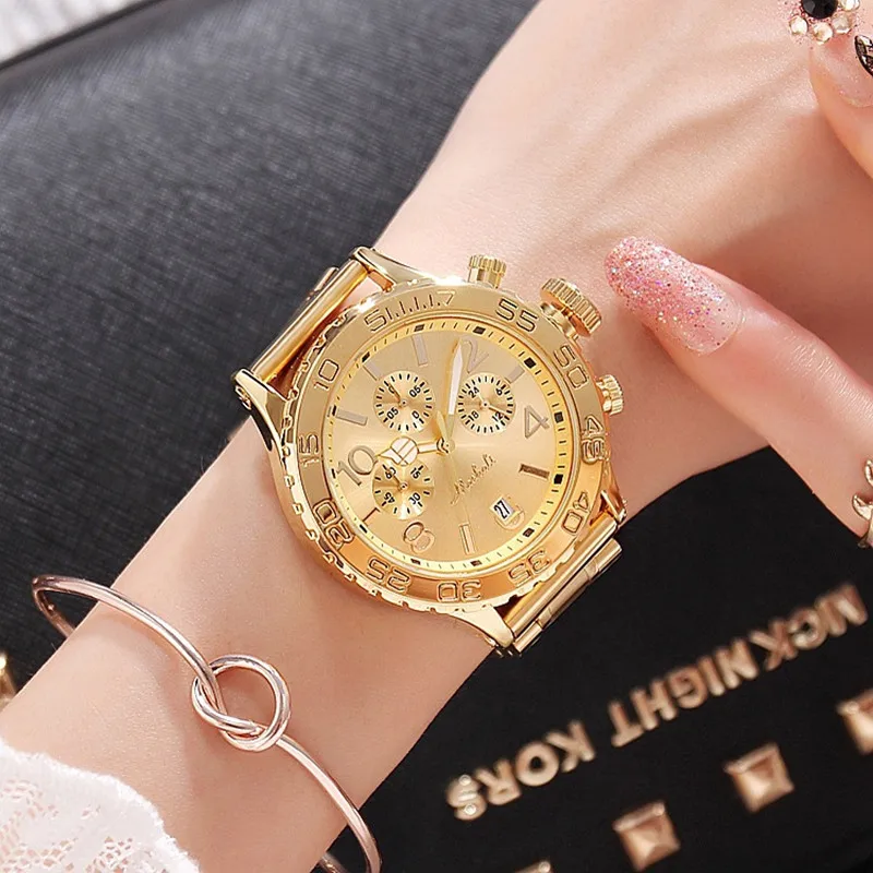 Женские золотые часы, люксовый бренд, женские кварцевые часы с большим циферблатом, с шестью контактами, полностью из нержавеющей стали, женские часы, reloj mujer