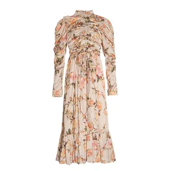 

Print Ruched Dress Women Stand Collar Lantern Sleeve Lace Up High Waist Maxi Summer Dresses Female 2020Fashion New