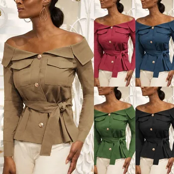 

Winter 2020 Fashion Women One Shoulder Long Sleeve Button Shirt Working Suit Tops Blouse Dropshipping INS style Net red Fashion
