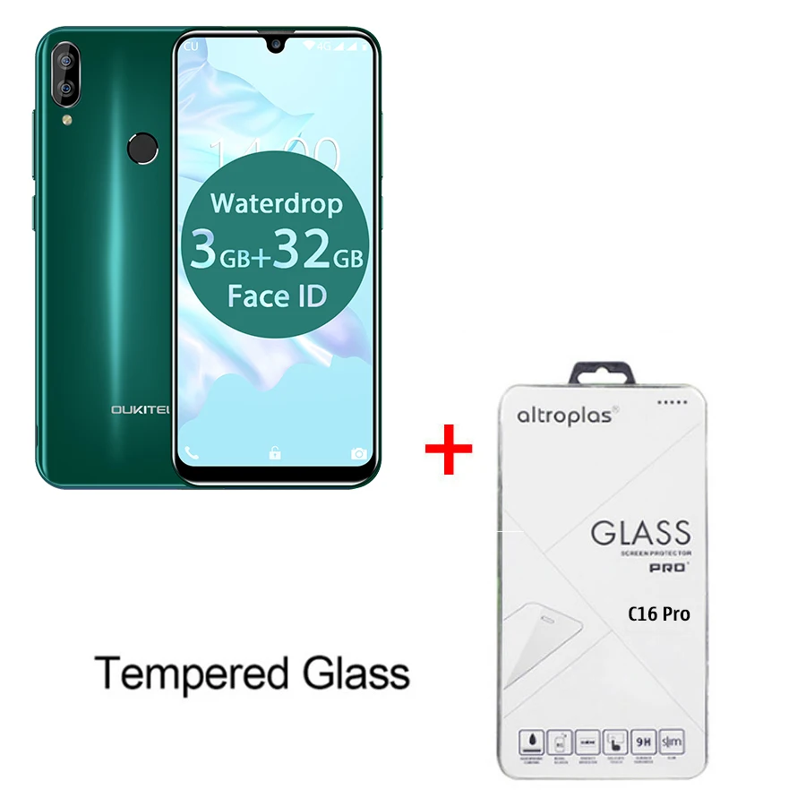 OUKITEL C16 Pro 5,71 ''Android 9,0 19:9 MT6761P 3 ГБ 32 ГБ смартфон отпечаток пальца Лицо ID капля экран 5 В/1A 4G мобильный телефон - Цвет: Green N Temper Glass