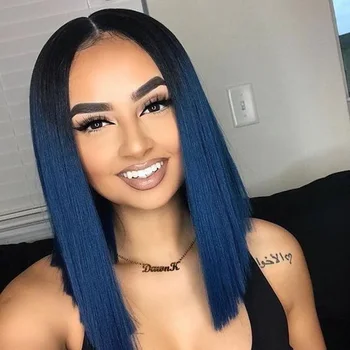 

Black Root 13x4 Lace Part Wig PU Silke Base Ombre Blue Straight Bob U Part Wig Middle Part Wig For Black Women With Baby Hair