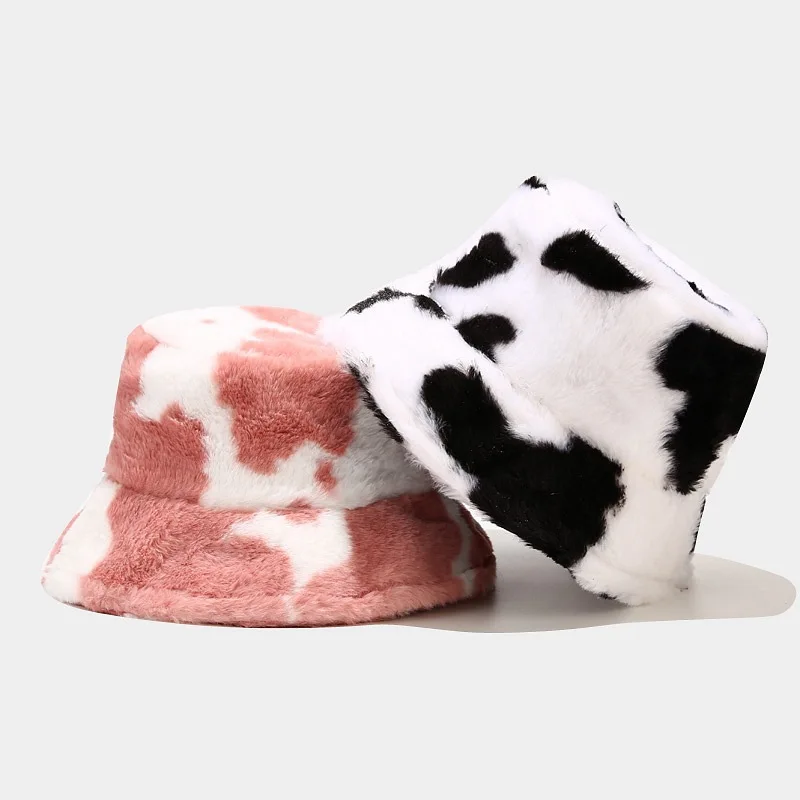 New Winter Cow Print Plush Bucket Hats for Women Tourism Outdoor Warm Hat Soft Velvet Fisherman Cap Lady Fashion Panama Present |