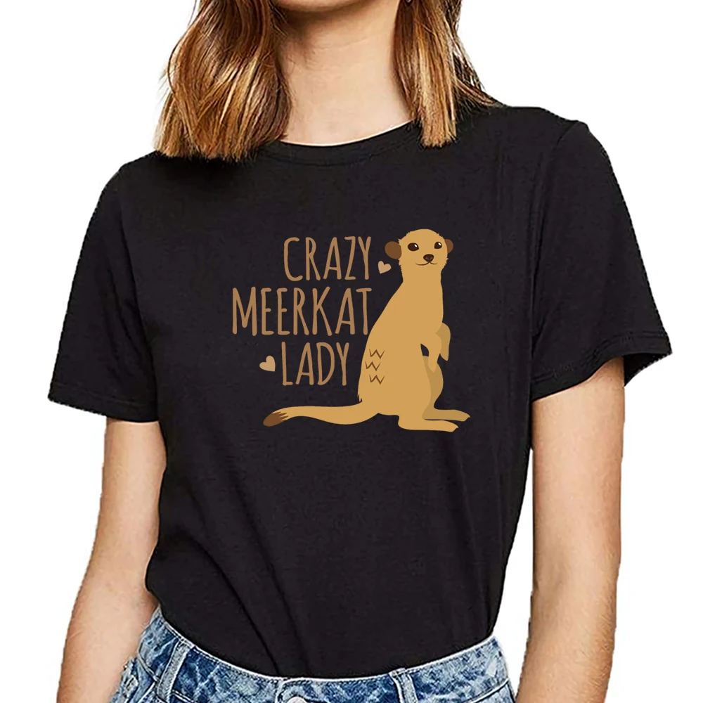 

Tops T Shirt Women crazy meerkat lady Casual Black Short Female Tshirt