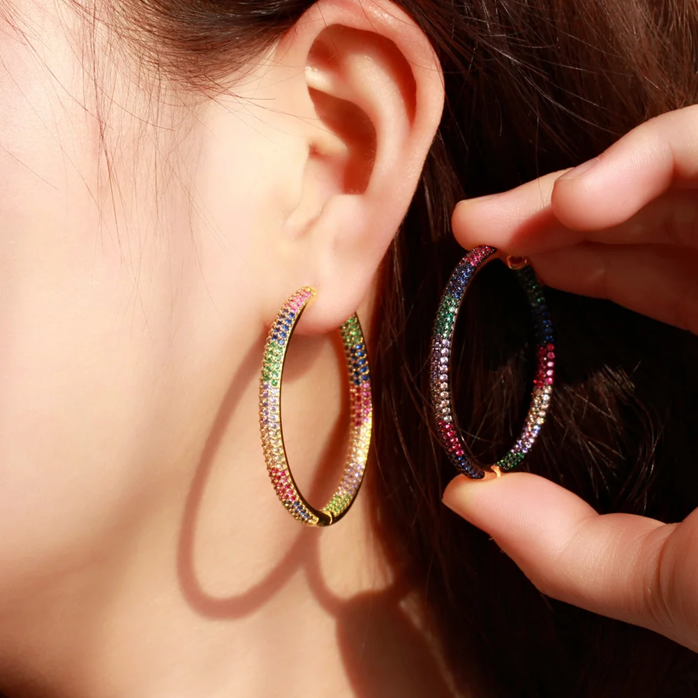 Pera Brand Designer Micro Multicolor Cubic Zirconia Paved Big Circle Gold Color Hoop Earring for Women Chic Wedding Jewelry E692