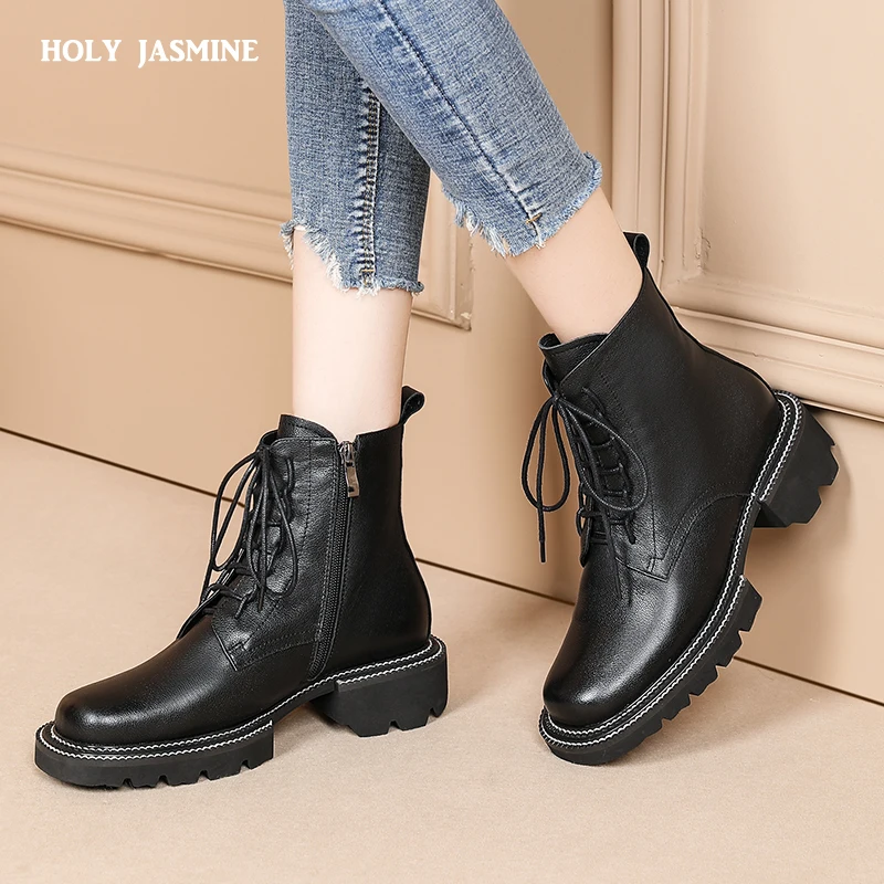 Boots Female Women Shoes Ankle 2020 Autumn Winter British Wind Genuine Leather Thick with Short Boots Motorcycle Martin Shoes