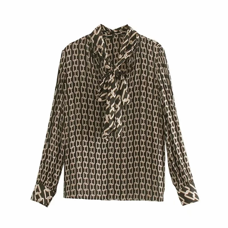 Online Withered england simple office lady chain printing bow neck kimono shirt women blusas mujer de moda 2019 tshirt womens tops