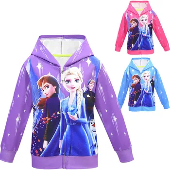 

110-150cm Frozen 2 Coat Disney Cartoon Spring and Autumn Zipper Shirt Long-sleeved Jacket Hooded Baby Girl Coat Jacket