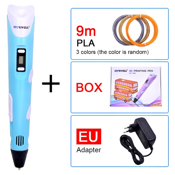Blue EU Myriwell оригинальная 3D Ручка DIY волшебная 3d принтер печатная ручка с адаптером питания/9 м 1,75 мм PLA нить для детей дизайн живопись - Цвет: Blue EU