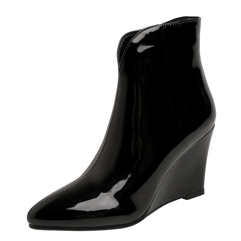 

Patent Leather Wedge Heel Increased Ankle Boots V-Mouth Platform Snake Print High Heels Pointed Toe Side Zipper Winter Boots