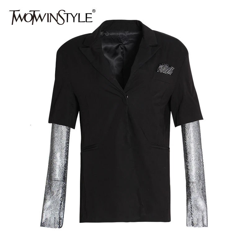 

TWOTWINSTYLE Diamonds Mesh Long Sleeve Patchwork Black Blazer Coat Women 2019 Autumn Elegant Ladies Fashion Clothing Streetwear