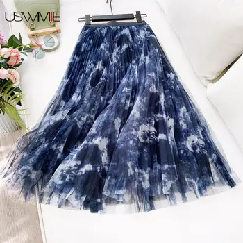 

Skirts Womens Retro Sexy High Waist Temperament Pleated Elegant Printed Casual Pleated Skirt Blooming Mesh Hit Color Midi Skirt