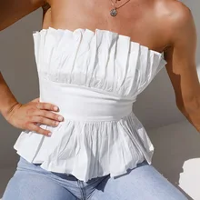 

Sexy Strapless White Women Camisoles Folds Shirt Straps Vest Female Club Party Cropped Tops Backless Casual Camis Off Shoulder