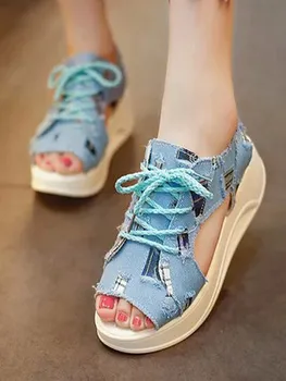 

Women's denim canvas casual sandals summer wedges increased women's shoes cross straps hollow breathable sandals