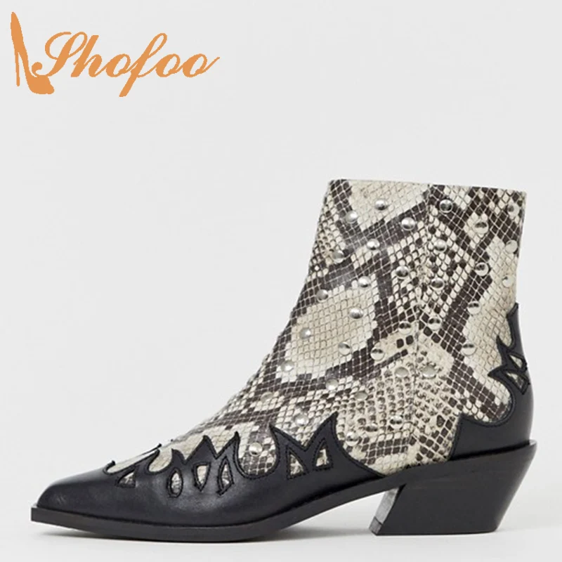 

Black Snakeskin Rivet Ankle Boots Woman Low Chunky Heels Pointed Toe Zipper Booties Large Size 10 15 Ladies Fashion Shoes Shofoo