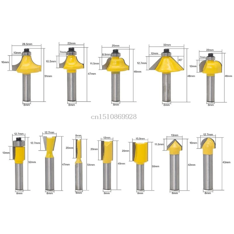 12Pcs/Set Milling Cutter Router Bit Set 8MM Wood Cutter Carbide Shank Mill Woodworking Trimming Engraving Carving Cutting Tools