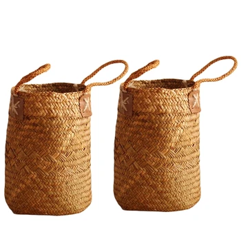 

2 Pack Woven Basket Grass Storage Organizer with Handle for Cookies Snacks Toys Laundry Picnic Flower Plant Pot