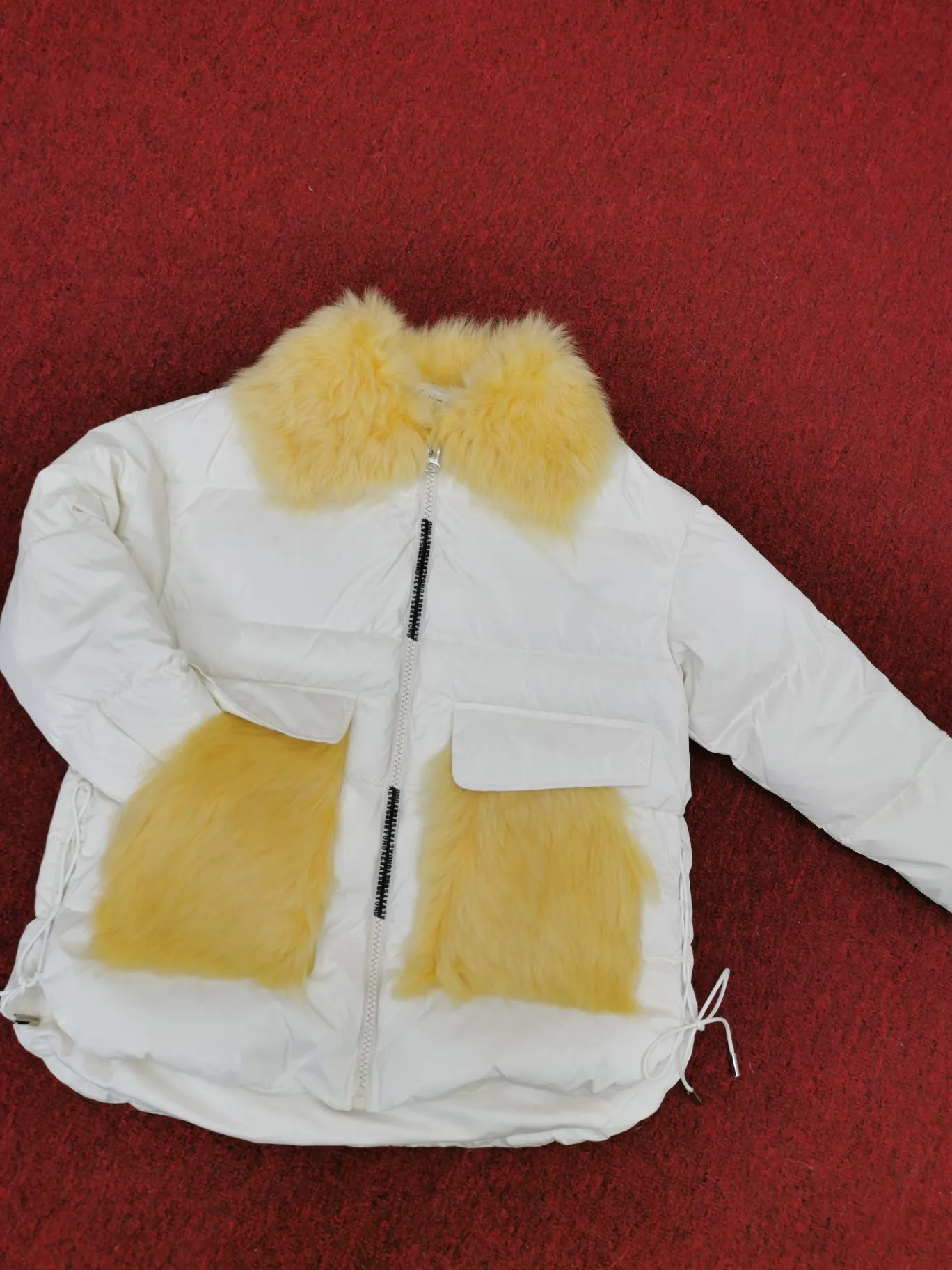Female oversize thick down jacket with natural wool fur collar and pocket white duck down woman winter coat