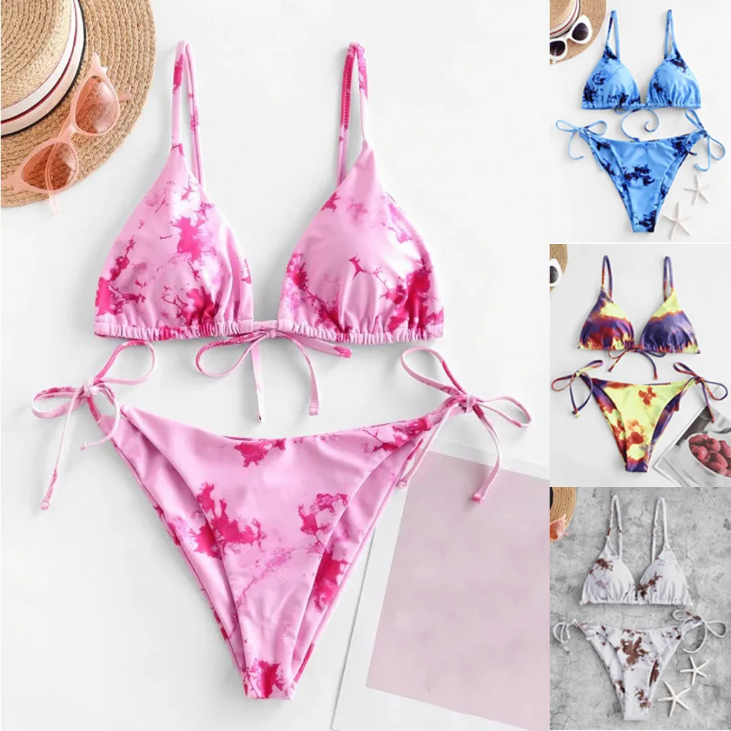 Womens Sexy Tie Dye Lace Up High Cut Leg Print Bikini Set Two Piece 