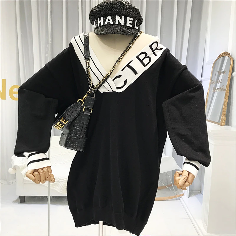 

Womens Hoodies Pullover Streetwear V-Neck Letter Long Loose Women Sweatshirt Korean Fashion Streetwear 2019 fall winter
