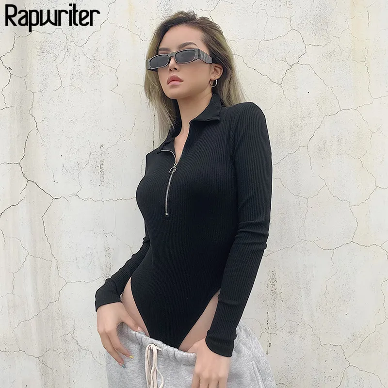 Rapwriter Casual Turn-down Collar Ribben Ring Zipper Knitted Bodysuit Women 2019 Autumn Winter Long Sleeve Open Crotch Bodysui Rapwriter Casual Turn-down Collar Ribben Ring Zipper Knitted Bodysuit Women 2019 Autumn Winter Long Sleeve Open Crotch Bodysui