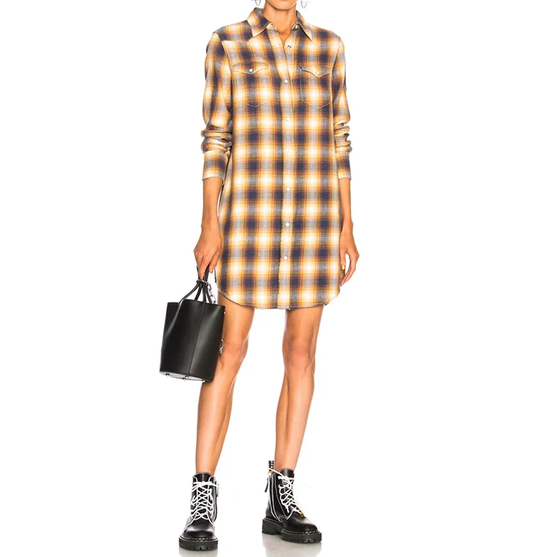 

Women Shirt 2019 Autumn and Winter Long-staple Cotton-dyed Yellow Plaid Loose Shirt Long Section
