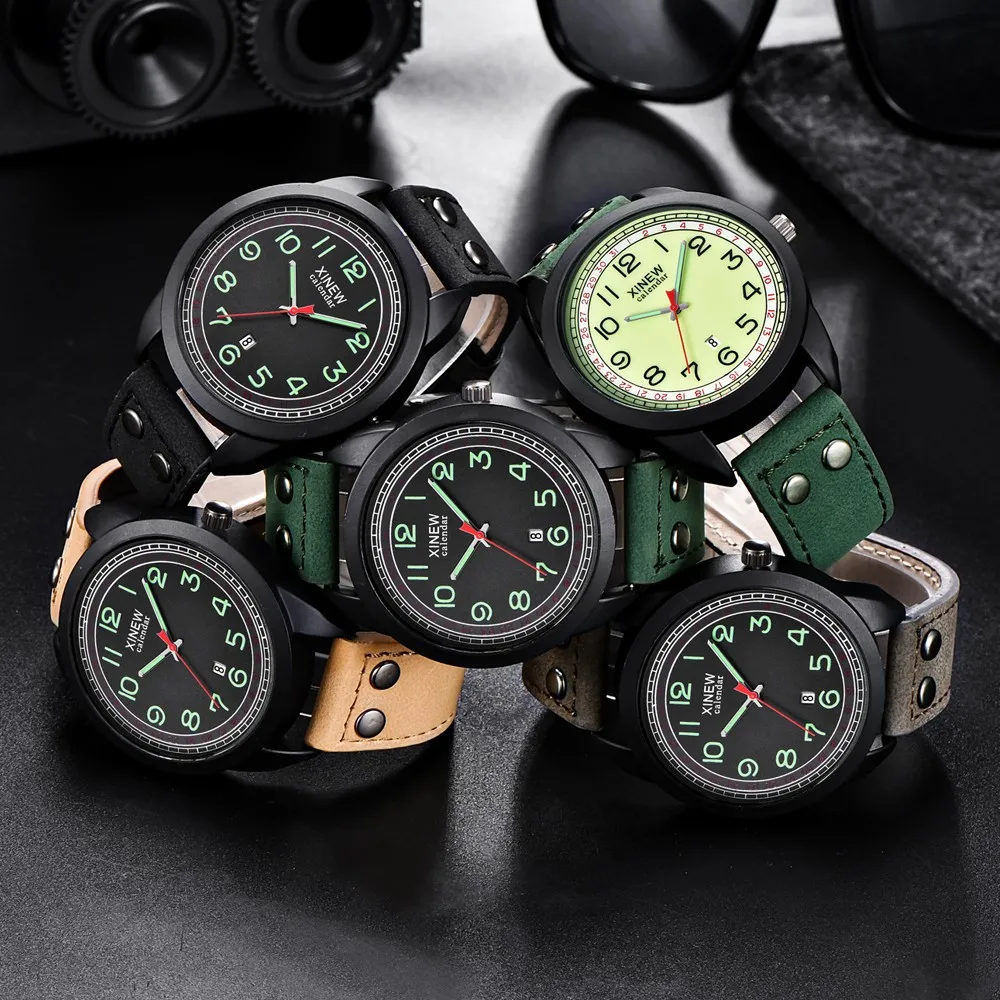 Casual Men's Sport Watches Masculino Fashion Luminous Quartz Watch Waterproof Leather Strap Band Relogio Masculino Reloj Hombre