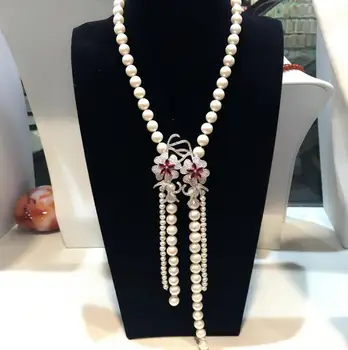 

Fashion jewelry Free Shipping Hand knotted natural white freshwater pearl micro inlay zircon accessories necklace tassel sweater