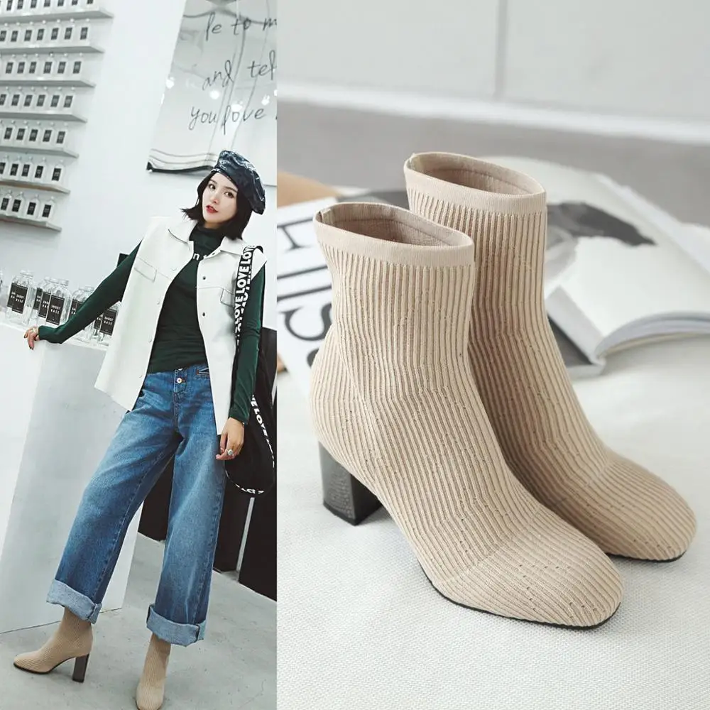 

2020 Spring Fashion Women Boots Beige Pointed Toe Yarn Elastic Ankle Boots Thick Heels Shoes Autumn Winter Female Socks Boots