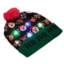 Светодиодный свет Санта Клаус вязаная черная зимняя шапка для женщин с помпоном облегающая шапка шапки-унисекс с манжетами теплая шапка для Рождества