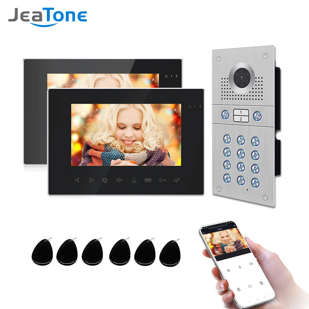 Jeatone WiFi Smart Video Door Phone Video Intercom Code Keypad/RFID Card/APP Unlock Motion Detection for Two Units Apartment