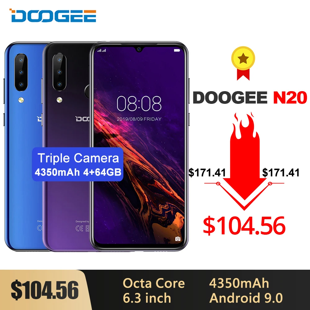 DOOGEE N20 6,3 ''FHD+ мобильный телефон 4 Гб 64 Гб Helio P23 ядро окта MT6763T Восьмиядерный телефон 4350 мАч 16 Мп+ 8 Мп+ 8 Мп Тройная камера 4G телефон