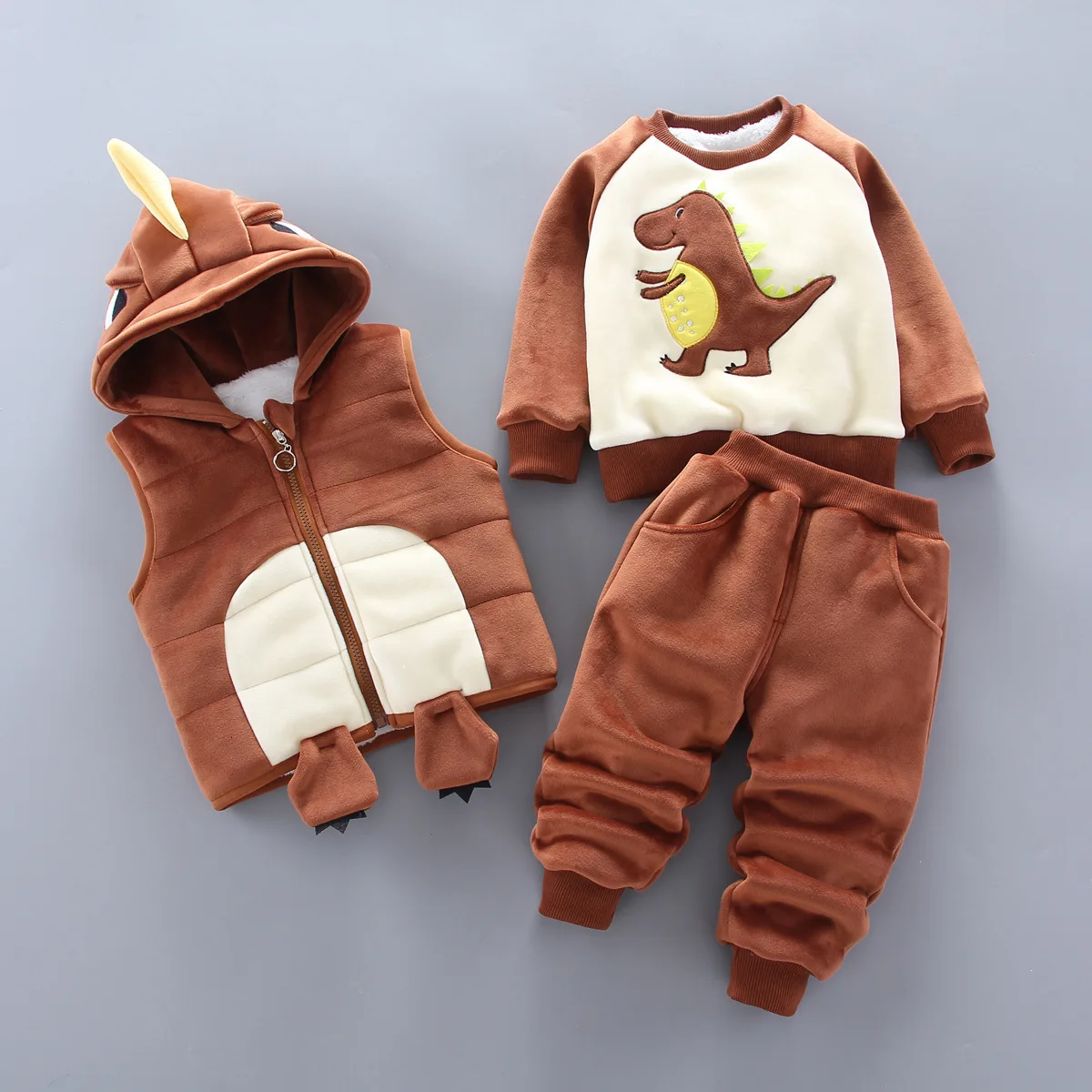 Winter Children Cartoon Clothing Set Baby Boys Girls Plus Velvet Thickening Warm Vest T-Shirt Pants 3Pcs/sets Toddlers Tracksuit - Цвет: SJBB konglongF Brown