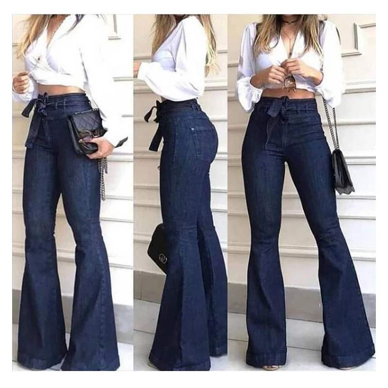 

Bell Bottom Jeans New Women's Vintage Pants High Waist Micro Elastic Lace Up Flared Pants Wide Legged Pants Jeans For Women