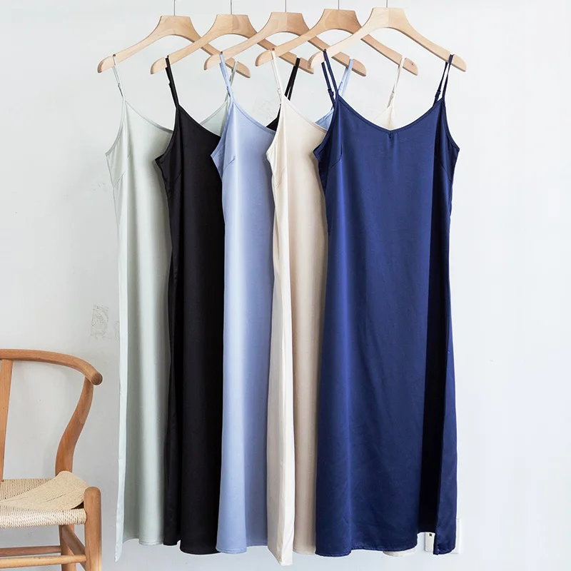 High Quality Dress Summer Spaghetti Satin Women Long Very Soft Smooth Plus Size S-2XL Fashion Sexy Slip | Женская одежда