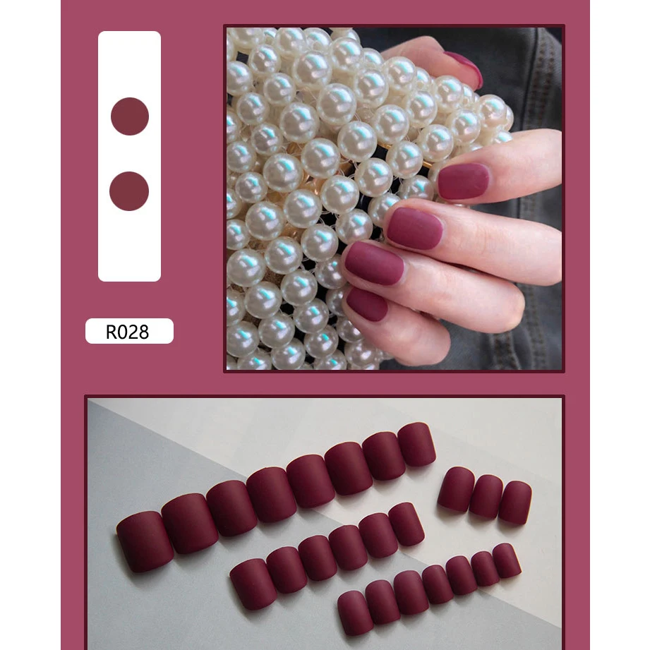

24pcs Fuchsia Matte False Nails Black Moon Red Gold Edge Nail Tips Blue Blooming Colored Flowers Plastic Waterproof Nail Art