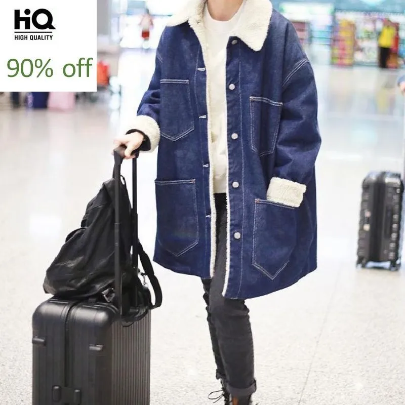 

Brand Fashion Women Denim Coats Plus Size 5XL Autumn Winter Lambswool Long Jacket Streetwear Thicken Warm Loose Female Outerwear